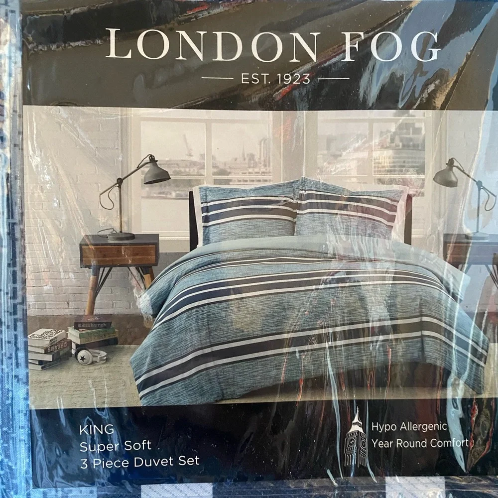 London Fog King 3 Pc Duvet Set New Blue Stripe Super Soft Hypo Allergenic
